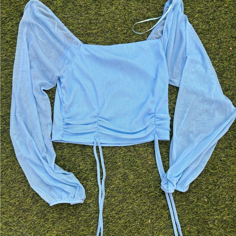 Ambiance Light Blue Mesh Ruched Long-Sleeve Crop Top - Picture 1 of 5